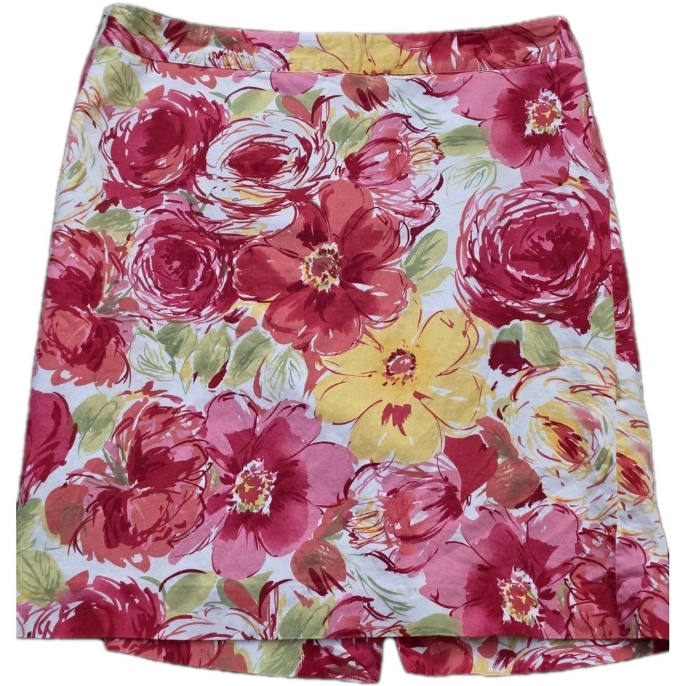 Red/Pink Floral Skirt Size 12 Multicolor Lined A-Line Side Zip 100% Cotton